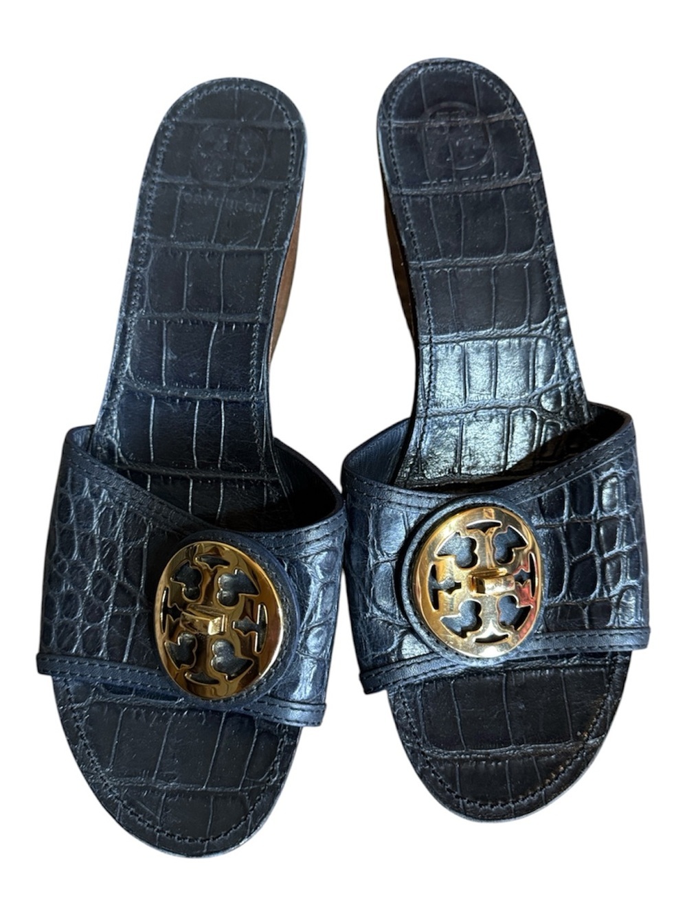 Tory Burch dark blue croc embossed leather slides with wedge heels Size 11